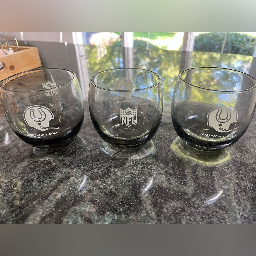 Vintage 1970's Baltimore Colts drinking glasses. Low ball. Wine. Smoke.